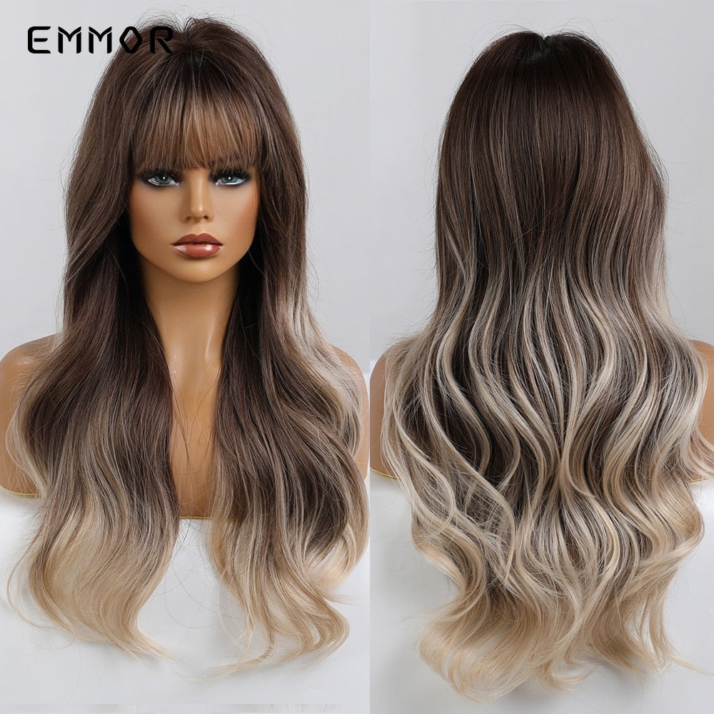 Synthetic Ombre Brown to Ginger Wigs Natural Blonde Wavy Hair Wig for Women Cosplay Orange-brown Daily Wigs with Bangs
