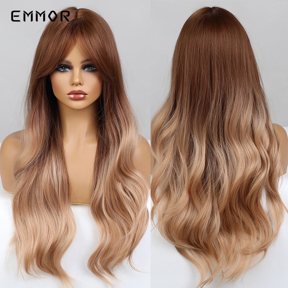 Synthetic Long Wavy Wigs with Bangs Cosplay Natural Ombre Brown to Ash Brown Hair for Women High Temperature Fiber Wig
