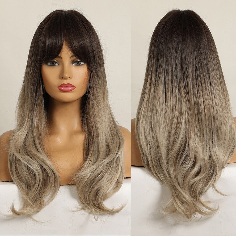 Synthetic Long Wavy Wigs with Bangs Cosplay Natural Ombre Brown to Dark Blonde Hair for Women High Temperature Fiber Wig