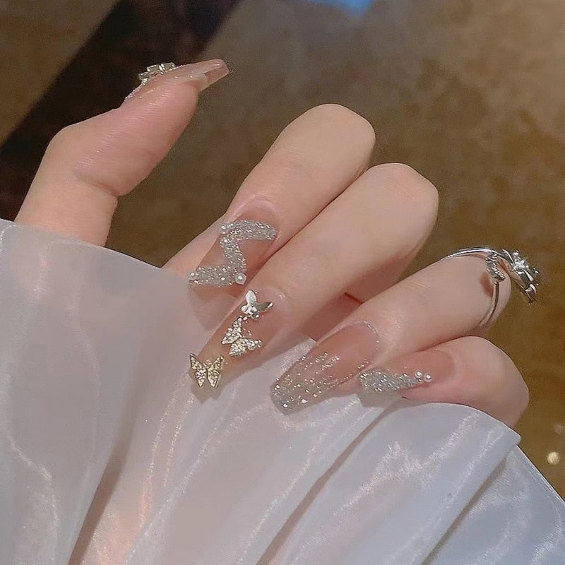 24pcs Rhinestone Design Fake Nails Shiny nail Decorations Press On nail Tips False Nail Patch
