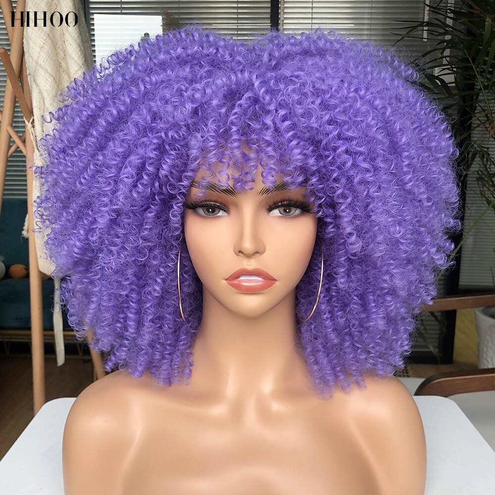 Short Hair Afro Kinky Curly Wigs With Bangs For Black Women Cosplay Lolita Synthetic Natural Blonde Wig Red Blue Orange Wig
