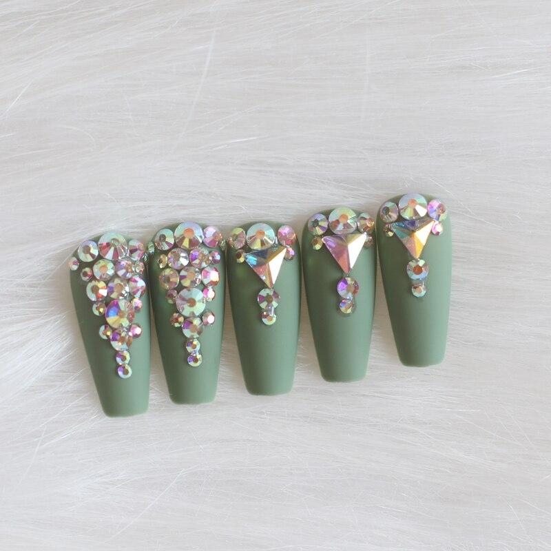 24pcs candy long ballet handmade crystal diamond Matte fake nails sexy green