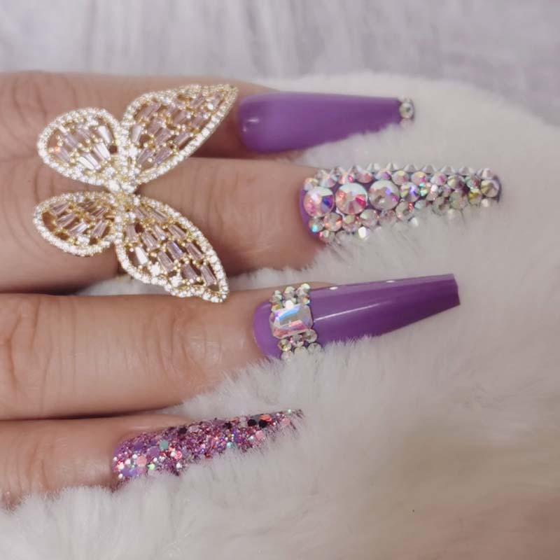 24pcs luxury jewelry long ballet coffin fake nails crystal diamond purple