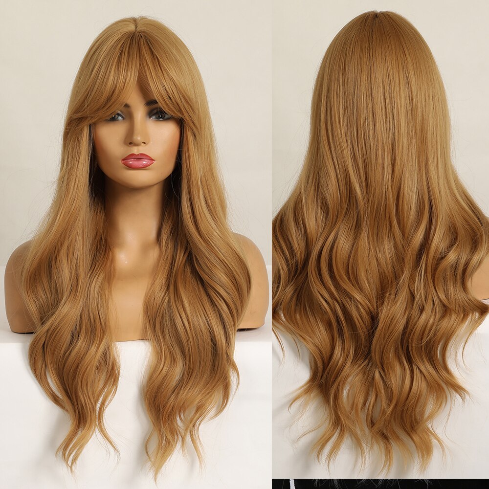 Synthetic Long Wavy Wigs with Bangs Cosplay Natural Ombre Brown to Dark Blonde Hair for Women High Temperature Fiber Wig