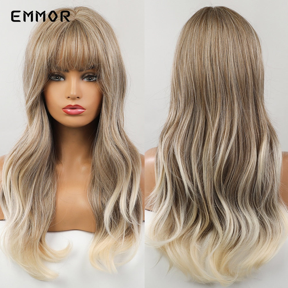 Synthetic Ombre Brown to Ginger Wigs Natural Blonde Wavy Hair Wig for Women Cosplay Orange-brown Daily Wigs with Bangs