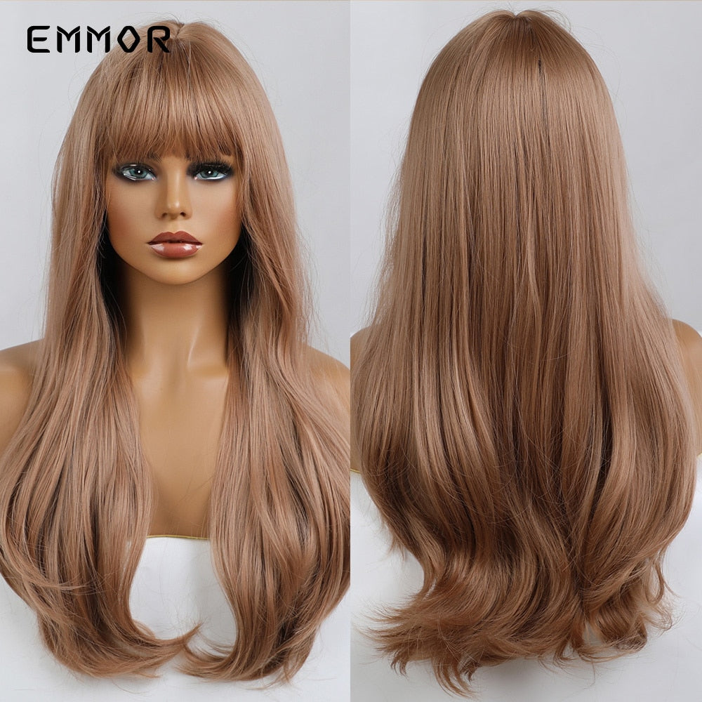 Synthetic Ombre Brown to Ginger Wigs Natural Blonde Wavy Hair Wig for Women Cosplay Orange-brown Daily Wigs with Bangs