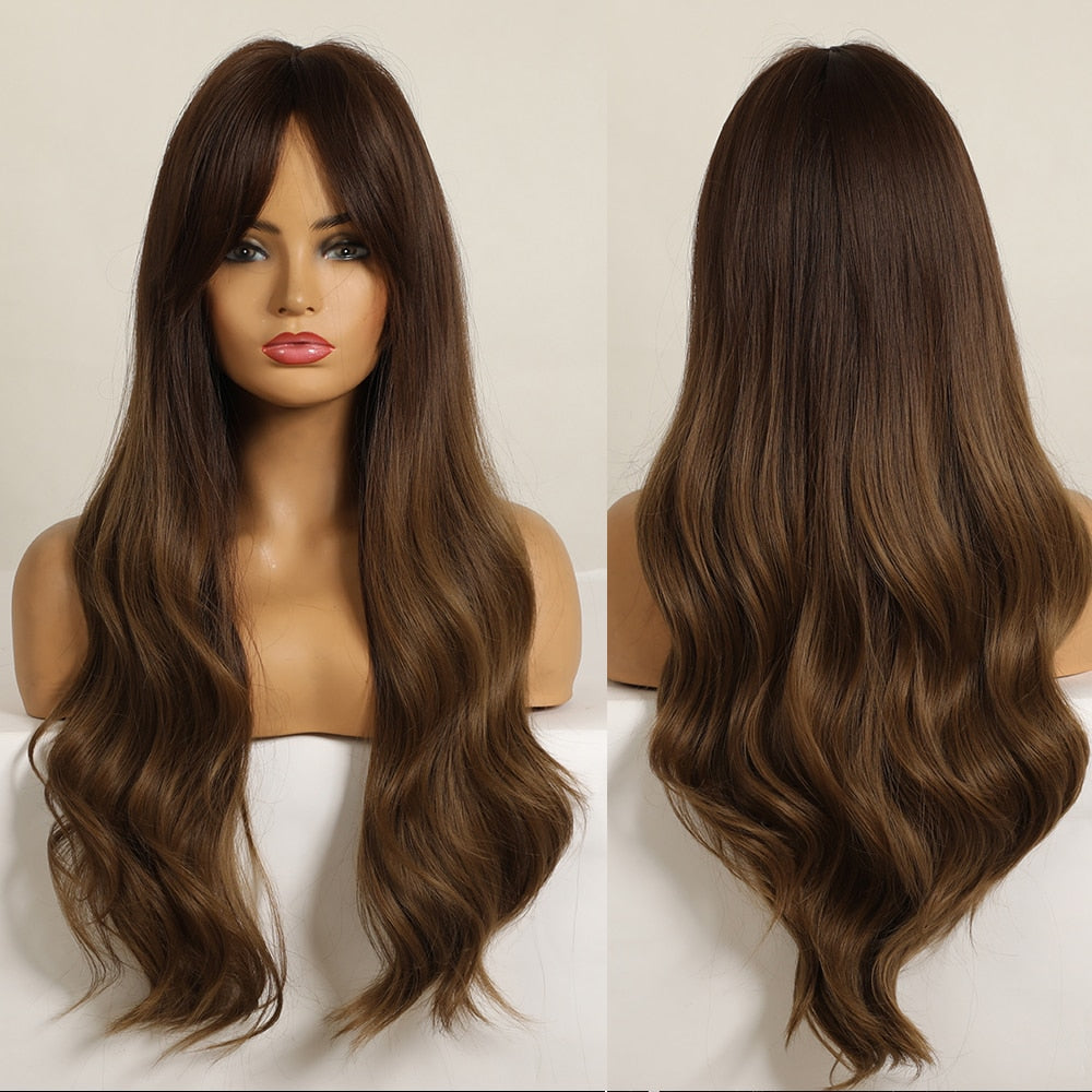 Synthetic Long Wavy Wigs with Bangs Cosplay Natural Ombre Brown to Ash Brown Hair for Women High Temperature Fiber Wig