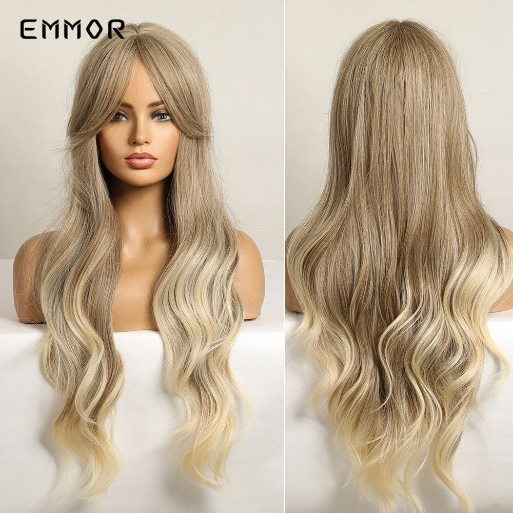 Synthetic Long Wavy Wigs with Bangs Cosplay Natural Ombre Brown to Ash Brown Hair for Women High Temperature Fiber Wig