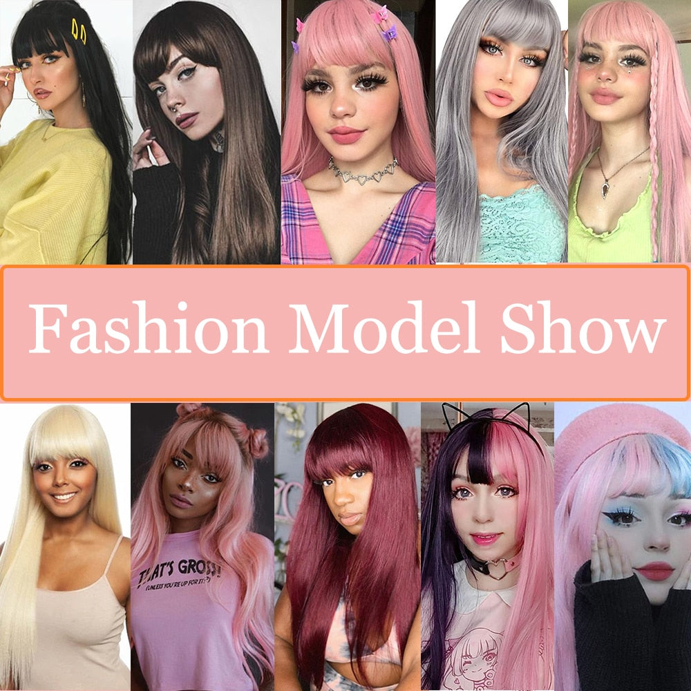 Synthetic Orange Long Straight Wig With Bangs Cosplay Synthetic Hair Wigs For Woman Heat Resistant Fiber Hair Wigs