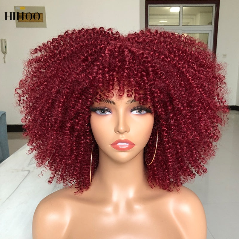 Short Hair Afro Kinky Curly Wigs With Bangs For Black Women Cosplay Lolita Synthetic Natural Blonde Wig Red Blue Orange Wig