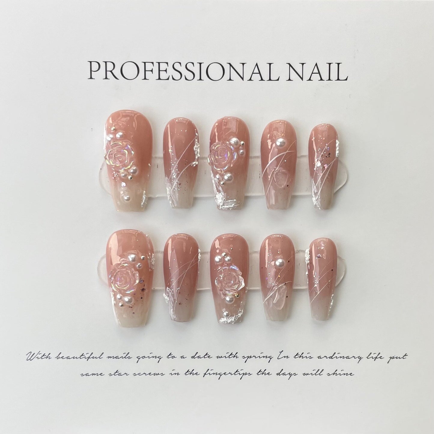 10Pcs Handmade Press on Nails Long Ballet Blue Fake Nails with 3D Ocean Moon Rhinestone Design False Nails Full Cover Nail Tips