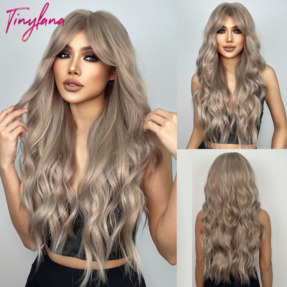 Purple Pink Long Wavy Synthetic Wig with Bangs Cosplay Christmas Halloween Hair Two Tone Ombre Wig For Women Heat Resistant