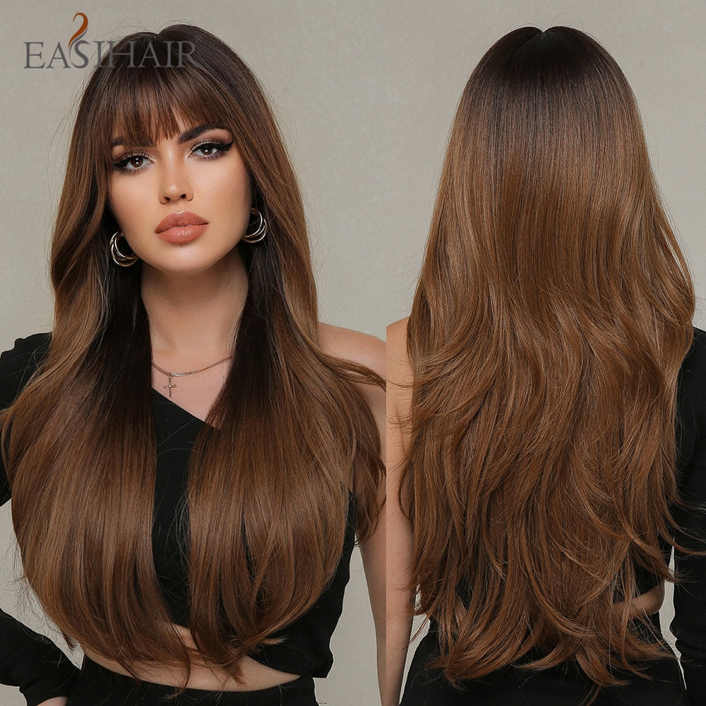 Long Straight Bangs Wigs Natural Ombre Dark Brown Synthetic Hair Wig for Women Daily Cosplay Party Heat Resistant Fiber