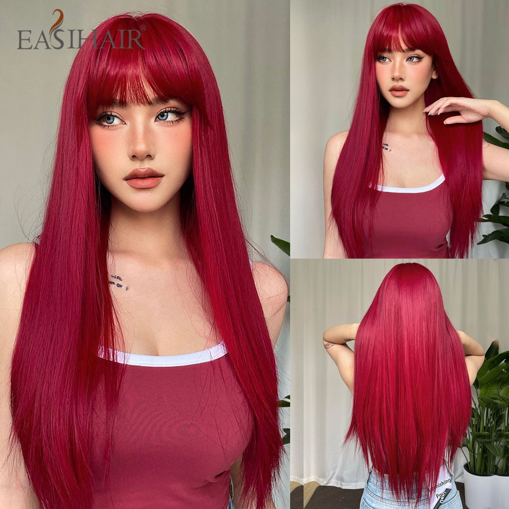 Long Straight Bangs Wigs Natural Ombre Dark Brown Synthetic Hair Wig for Women Daily Cosplay Party Heat Resistant Fiber