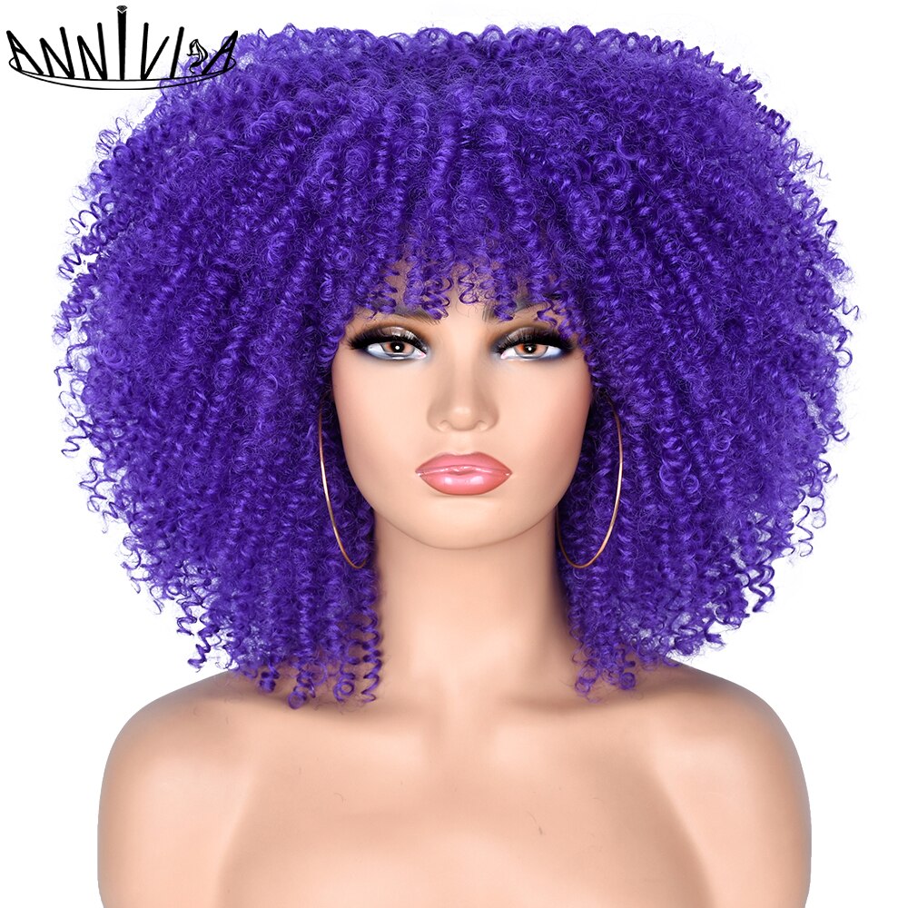 Short Hair Afro Kinky Curly Wigs With Bangs for Black Women Synthetic Ombre Glueless Cosplay Natural Brown Black Pink