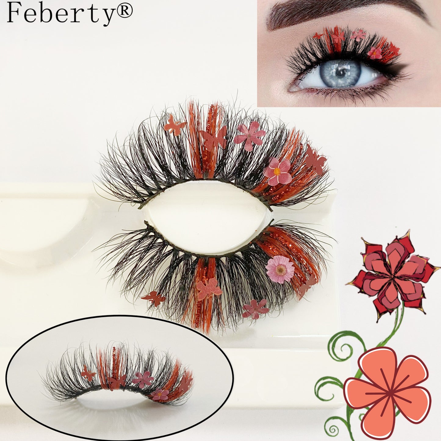 25mm 100% Mink Lashes With Butterflies or flowers glitter colored lashes Full Strip False Eyelash Butterfly Lash