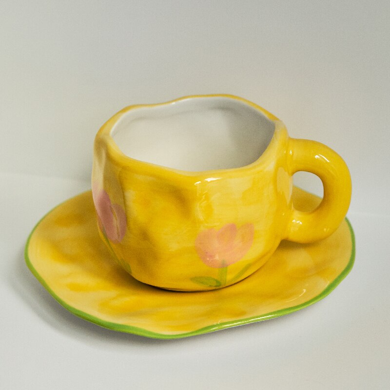 Korean Ins Style Hand Made Irregular Mug Hand Painted Flowers Ceramic Mug Breakfast Cup Coffee Cup Cute Tea Cups