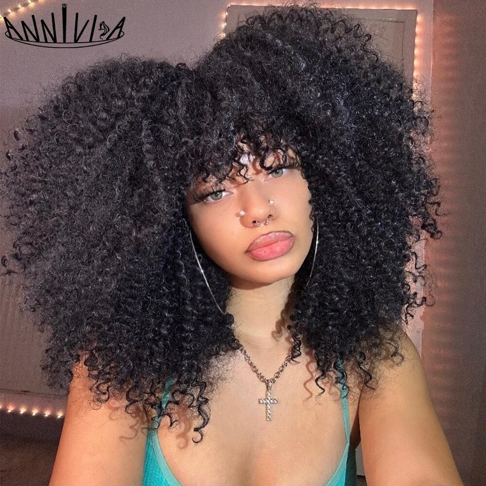 Short Hair Afro Kinky Curly Wigs With Bangs for Black Women Synthetic Ombre Glueless Cosplay Natural Brown Black Pink