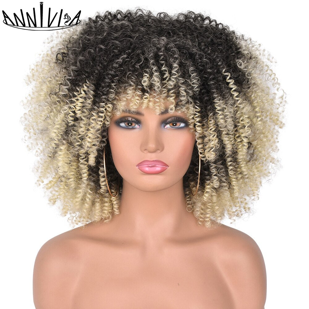 Short Hair Afro Kinky Curly Wigs With Bangs for Black Women Synthetic Ombre Glueless Cosplay Natural Brown Black Pink