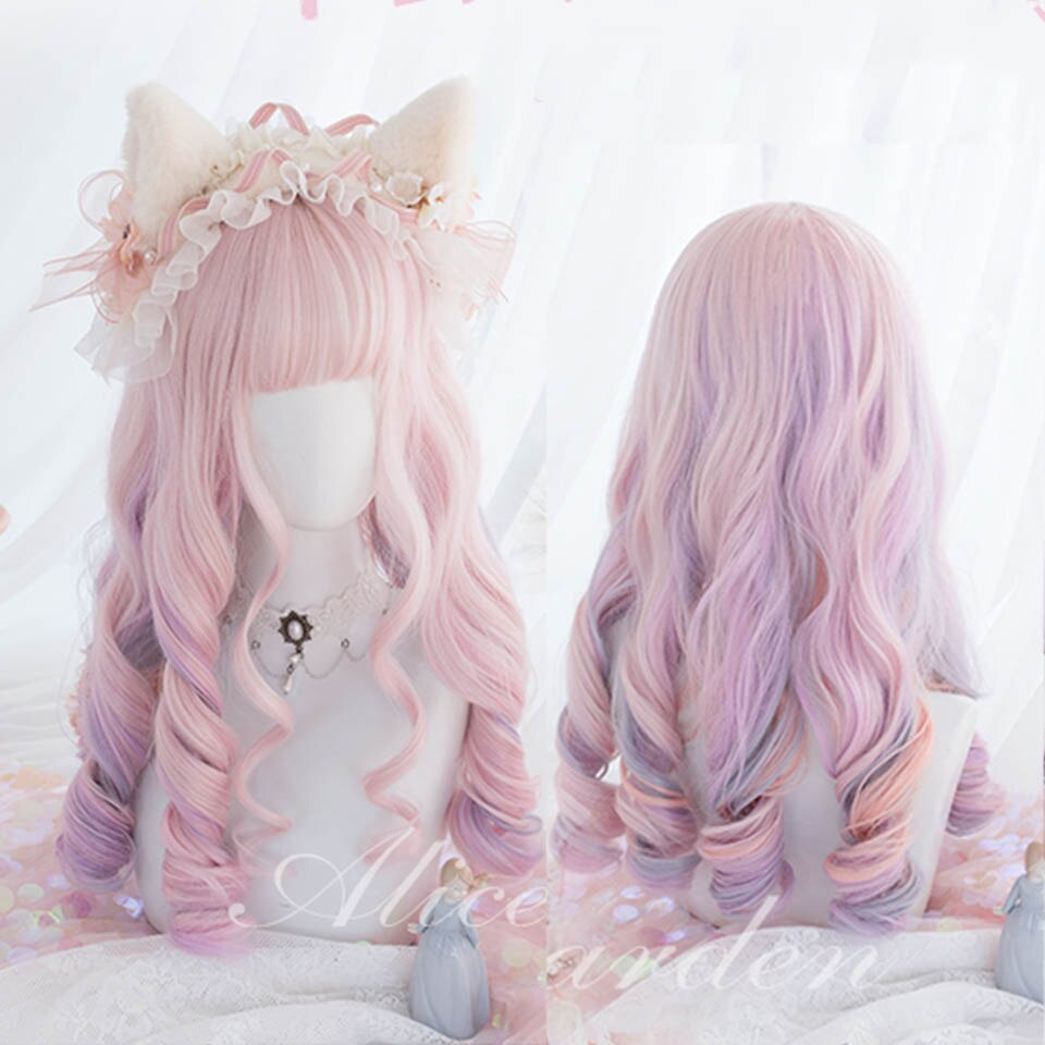 synthesis Long wavy curly girl blonde gradient pink Lolita cosplay curly bangs party wig