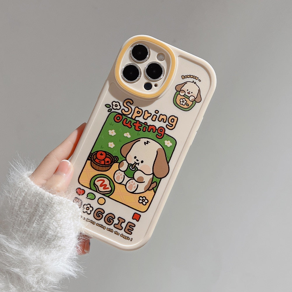 Retro spring picnic puppy dog art Kawaii Phone Case For iPhone 14 13 11 12 Pro Max 14 Plus XR Xs Max X 7 8 Plus Case Cute Cover