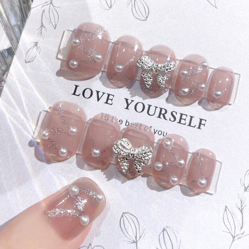 Medium Length Fake Nails 3D Flower Pearl Designs Nude Pink Color Press on Nails Ballerina False Nails for Women DIY Manicure