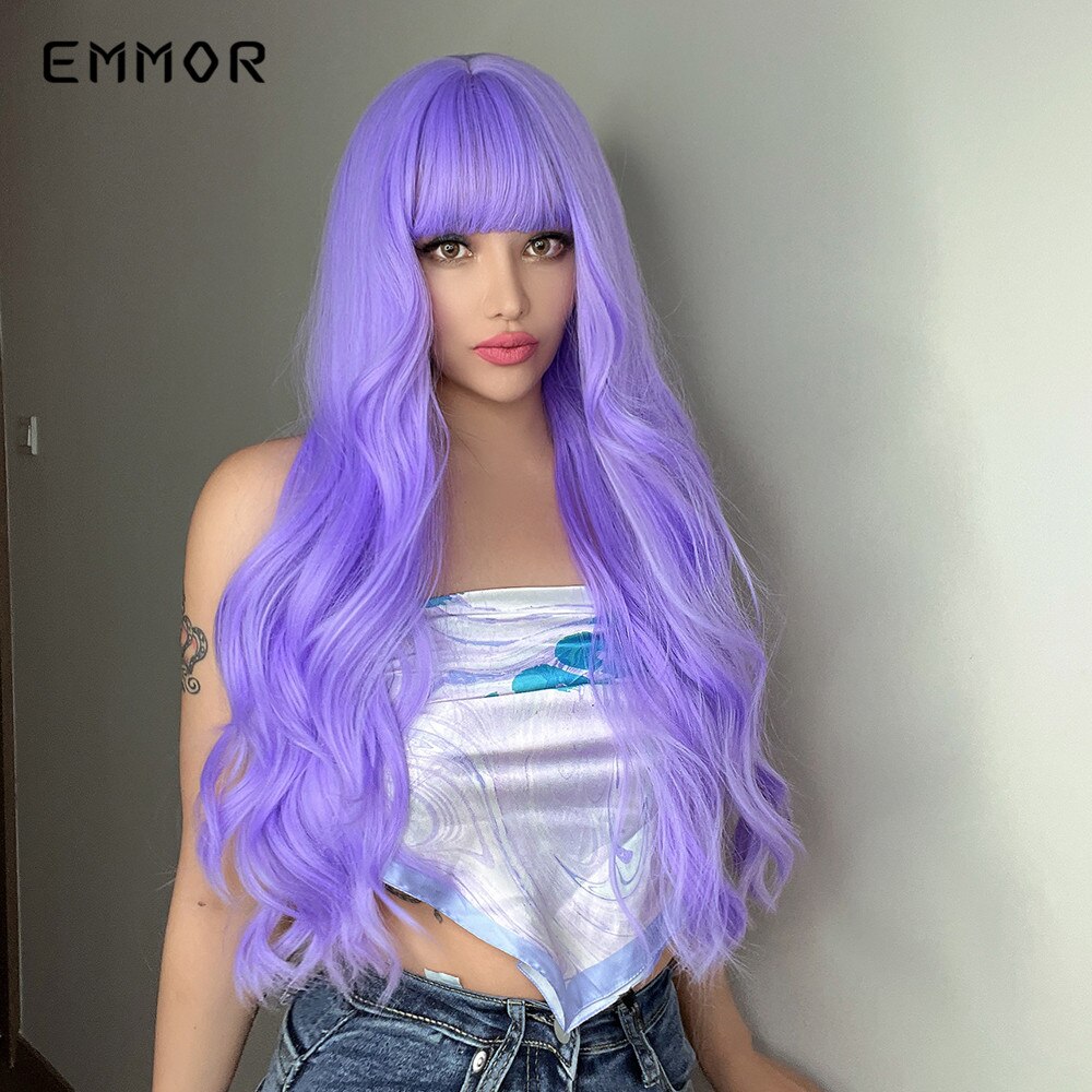 Synthetic Purple Wigs for Women Cosplay Party Lolita Wigs Bangs High Temperature Fiber Natural Long Body Wave Hair Wigs