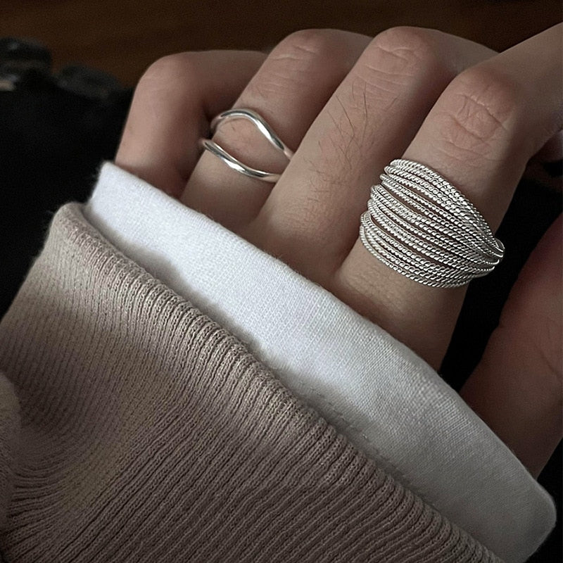 925 Sterling Silver Unique Lines Ring For Women Jewelry Finger Adjustable Open Vintage Ring For Party Birthday
