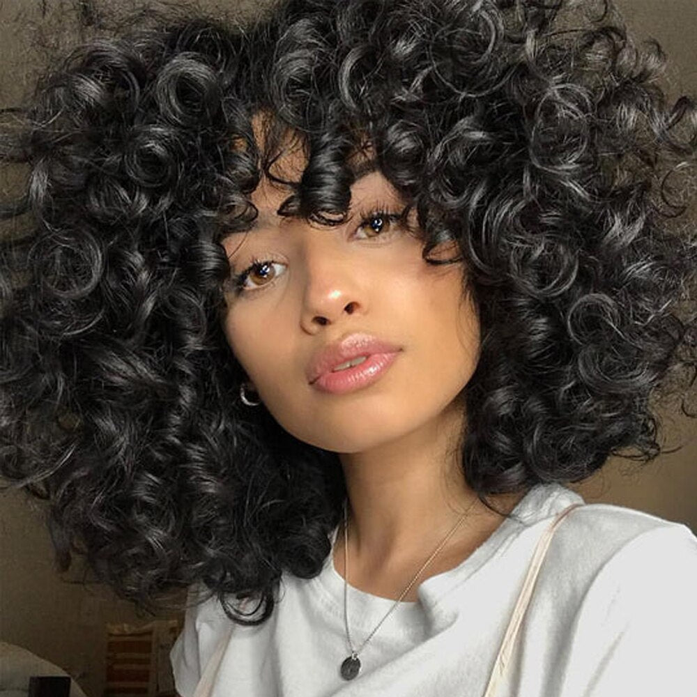 Afro Rose Curly Funmi Wigs with Bang Short Bouncy Curly Bob Wig With Bang Rose Curly Machine Made Human Hair Wig For Black Women