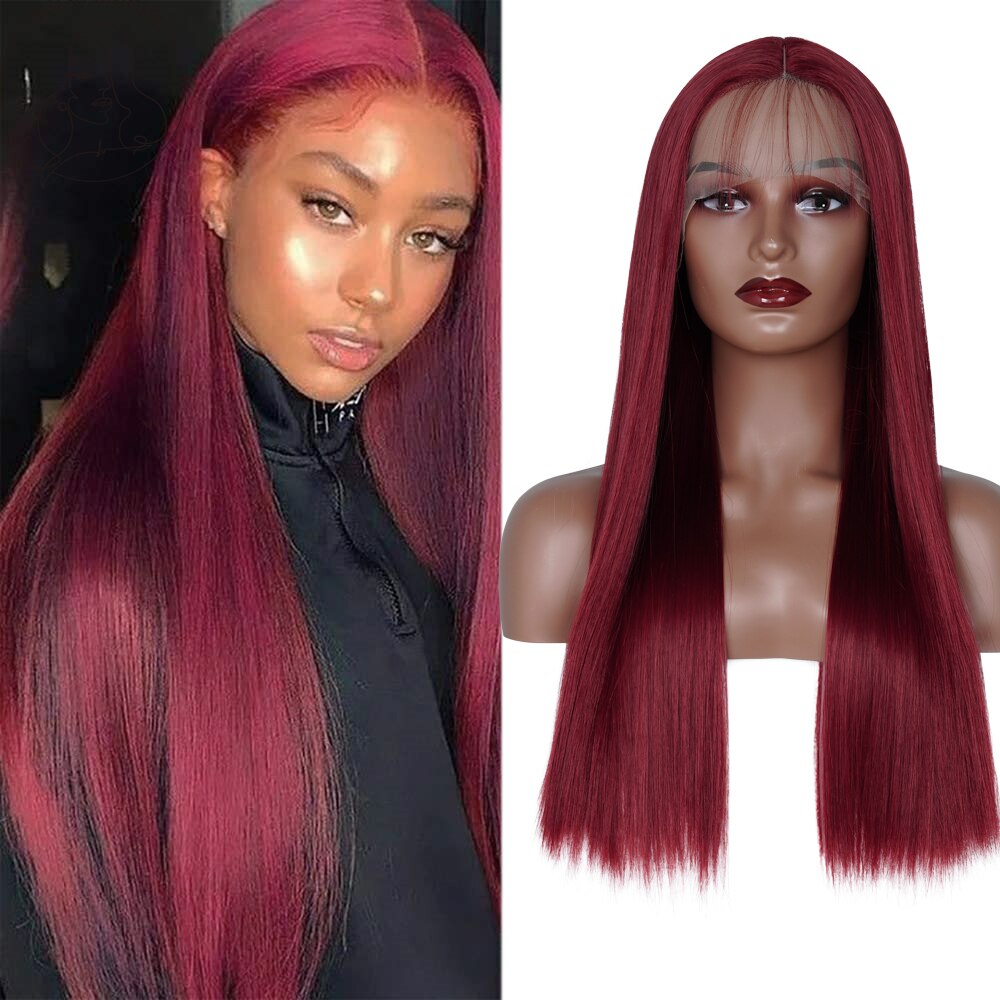 Synthetic Lace Wigs For Women Red With Black Body Wave Glueless Pre Plucked Hairline Wig With Baby Hair Cosplay