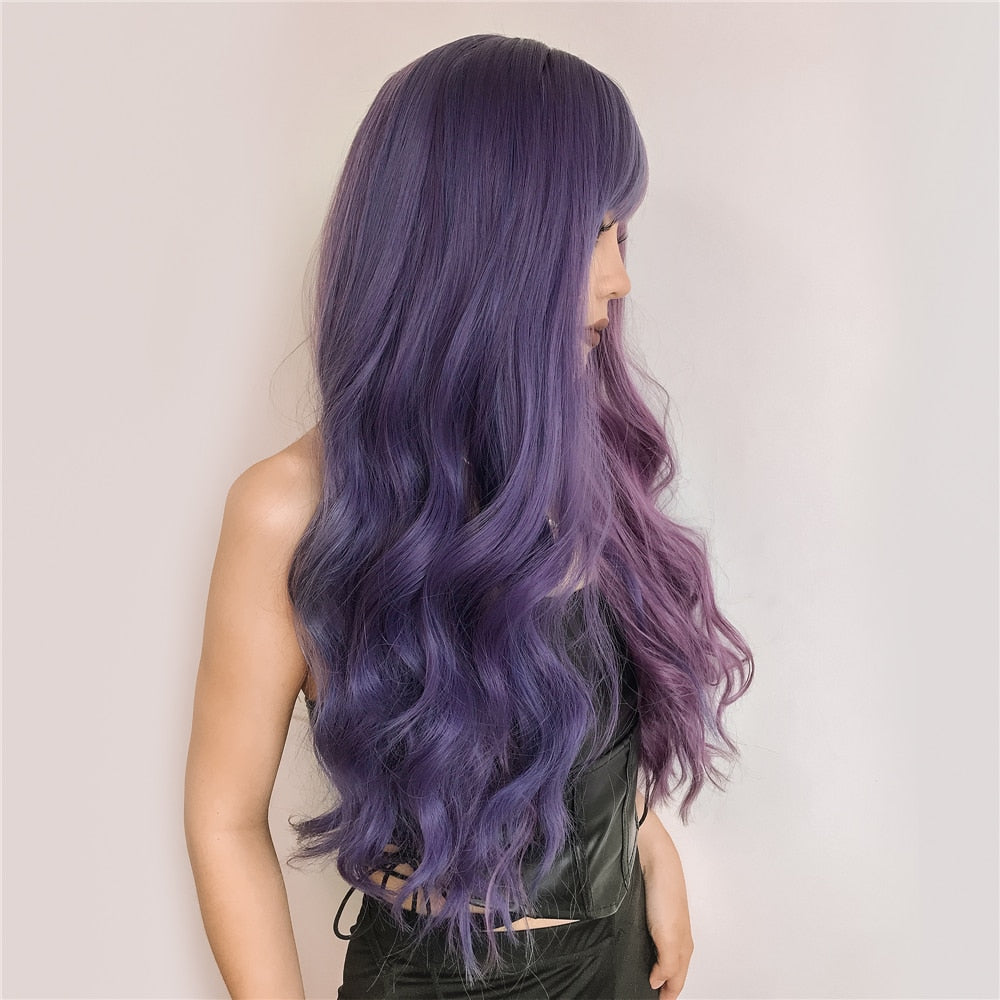 Purple Pink Long Wavy Synthetic Wig with Bangs Cosplay Christmas Halloween Hair Two Tone Ombre Wig For Women Heat Resistant