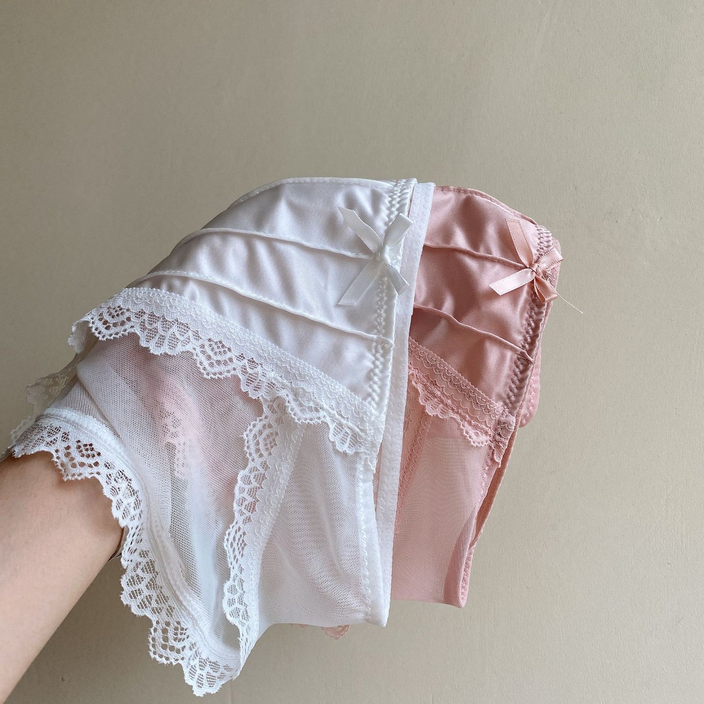 Vintage Satin Panties Soild Color Breathable Underwear Women French Sexy Lace Bow Lingerie Female Mid-waist Thin Mesh Briefs