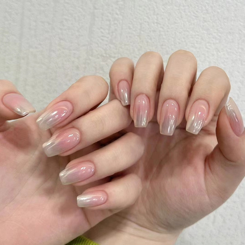 24pcs Nude milky French false nails with glue white nail tips full cover artificial nails with pearl heart wearable jelly nails