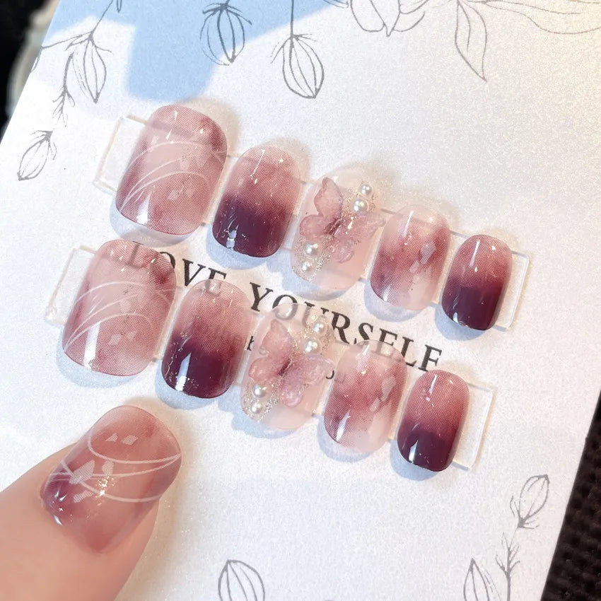 Medium Length Fake Nails 3D Flower Pearl Designs Nude Pink Color Press on Nails Ballerina False Nails for Women DIY Manicure