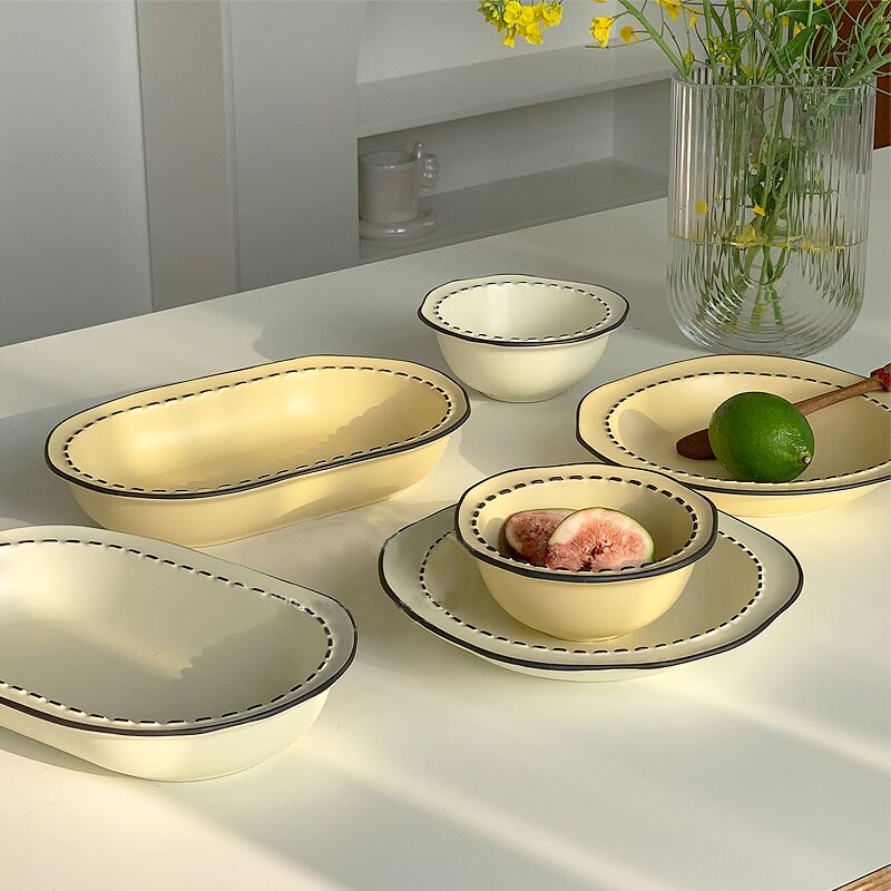 Japanese Cream Cartoon Ceramic Tableware Set Irregular Rice Bowl Soup Ceramic Plate Household Dish Stripe