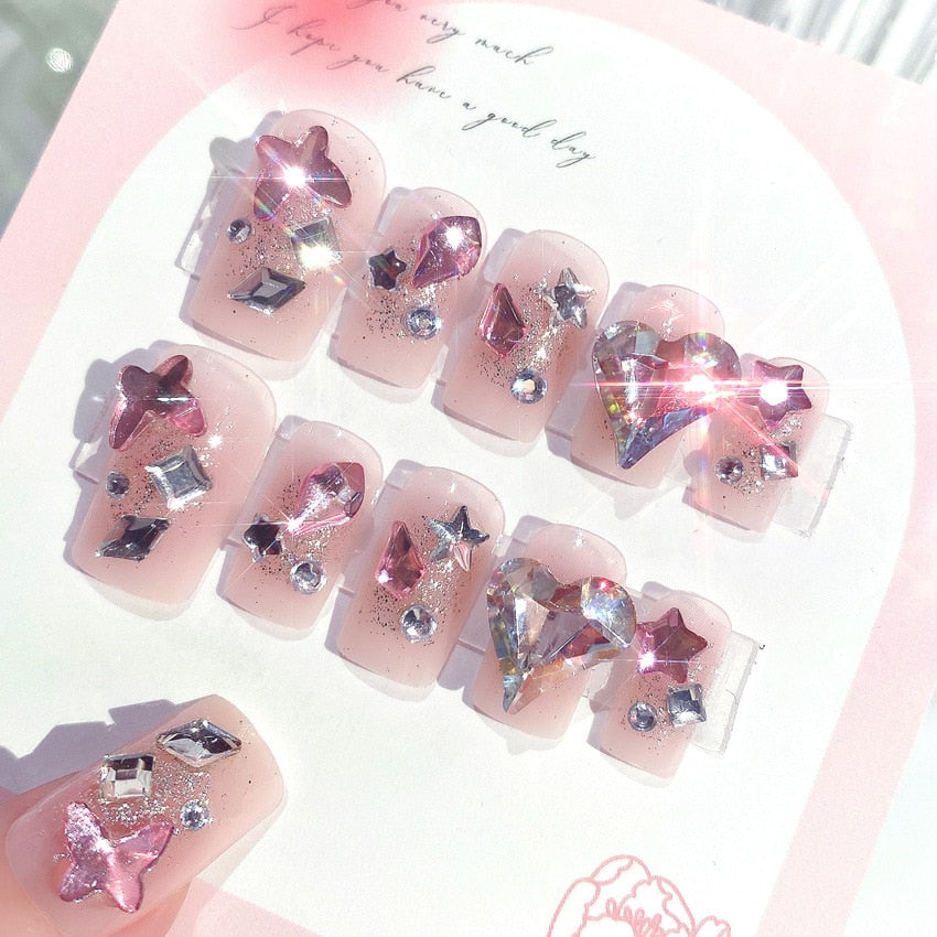 24pcs Wearable artificial nails burst broken drill glitter powder press on nails short french rhinestones fake nails with glue