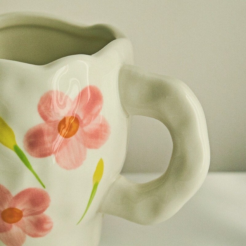Korean Ins Style Hand Made Irregular Mug Hand Painted Flowers Ceramic Mug Breakfast Cup Coffee Cup Cute Tea Cups