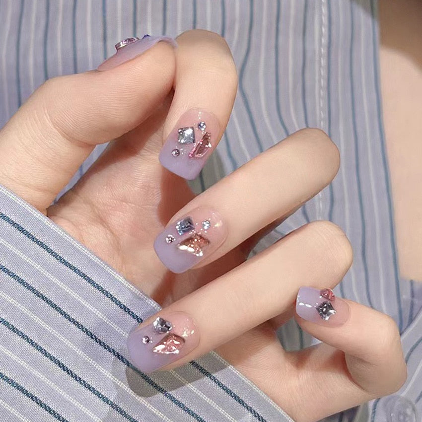 24pcs Wearable artificial nails burst broken drill glitter powder press on nails short french rhinestones fake nails with glue