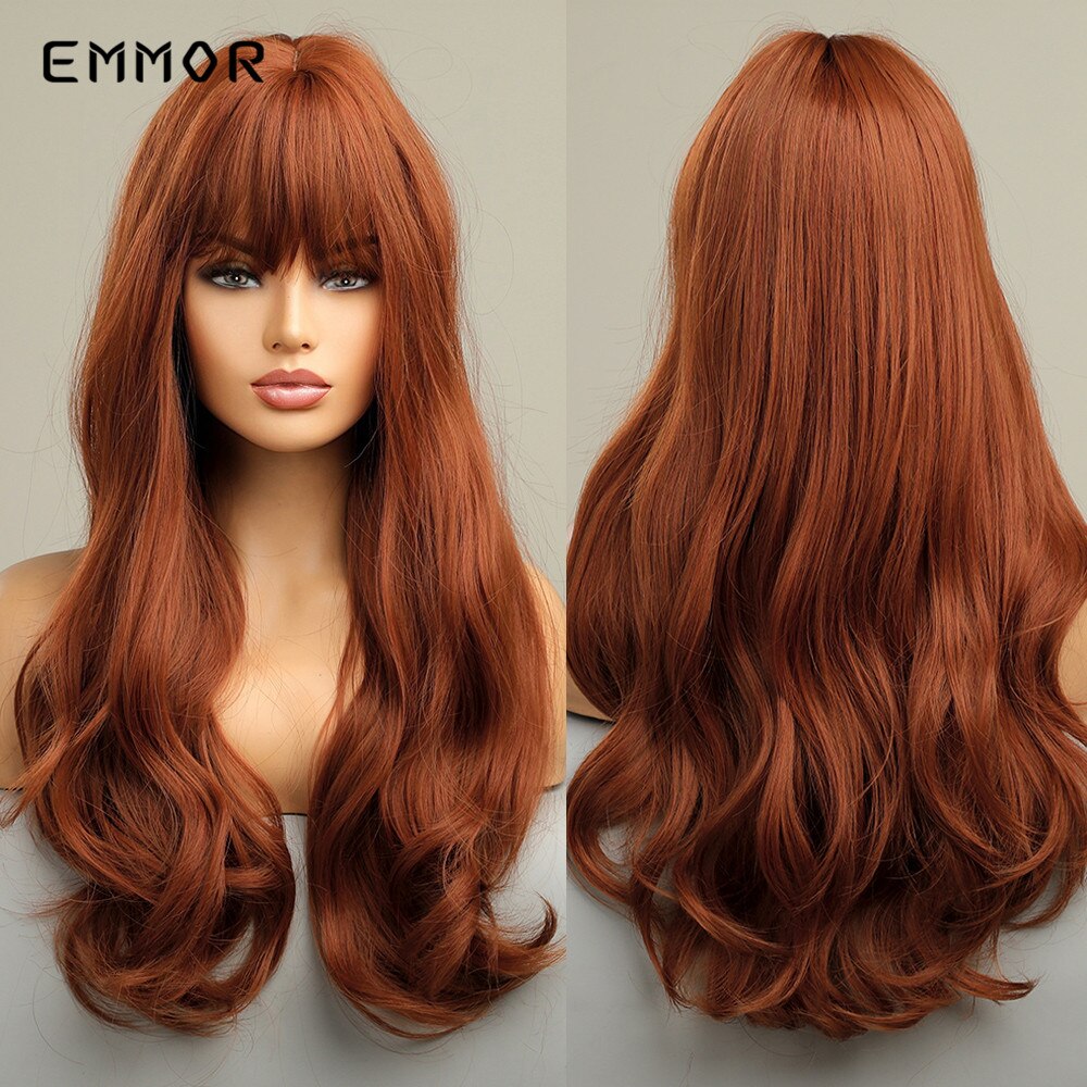 Synthetic Middle Dark Red with Bangs for Women Natural Long Water Wavy Cosplay Hairstyle Heat Resistant Fiber Hair Wigs