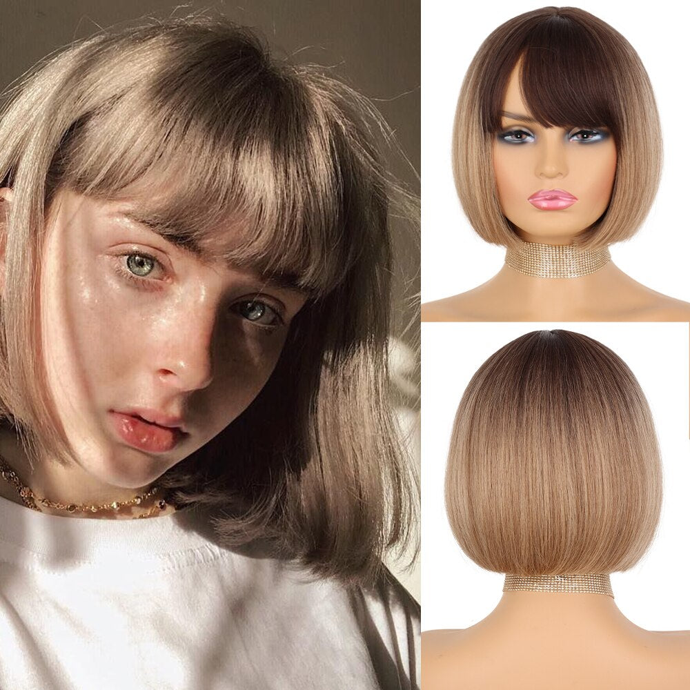 Synthetic Wigs Short Bob With Bangs For Women Ombre Black Red Blonde Pink Lolita Cosplay Party Natural Hair Roll inward