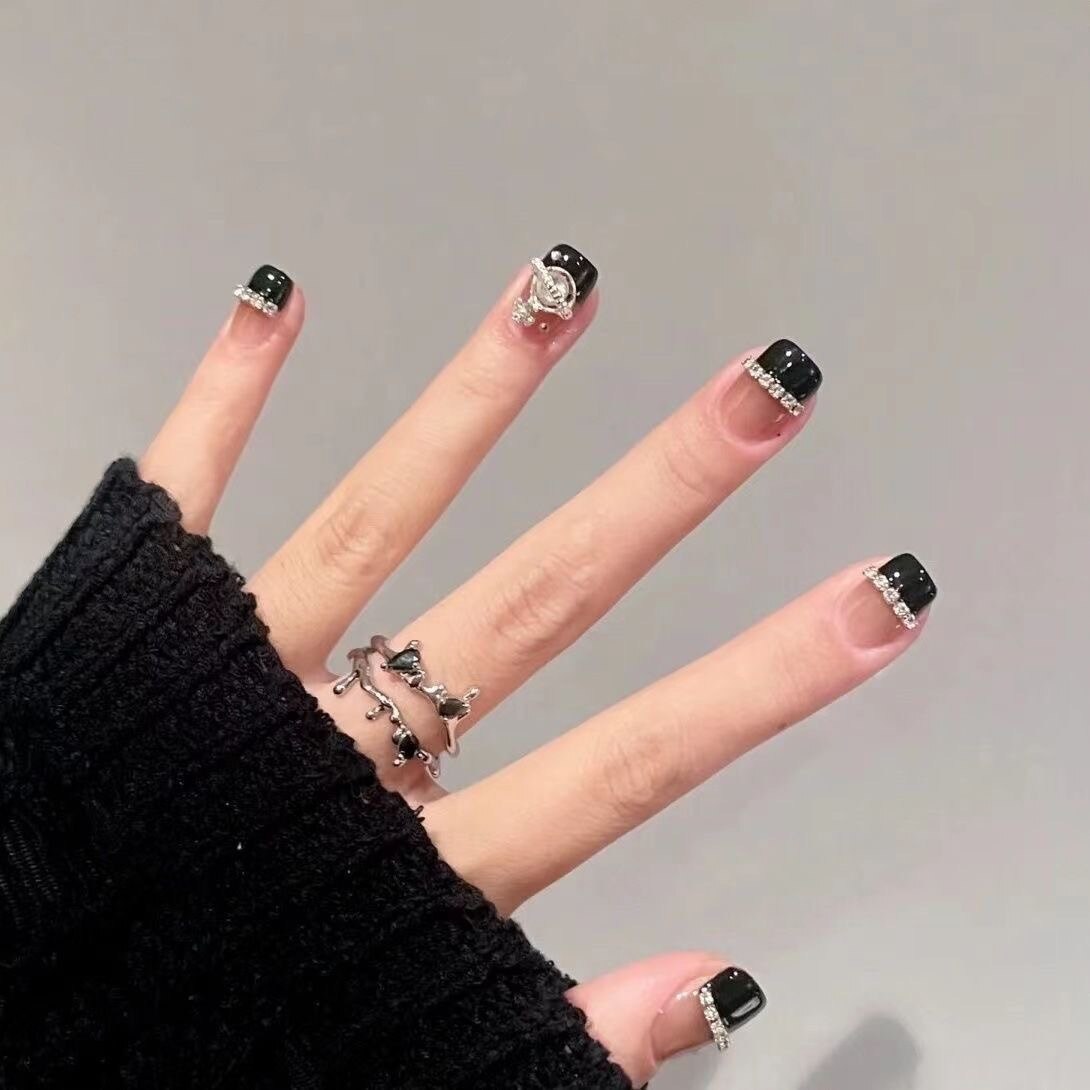 24pcs removeable Romantic Rose short press on nails full cover false nails with glue Bowknot Camellia Diamonds fake Nails
