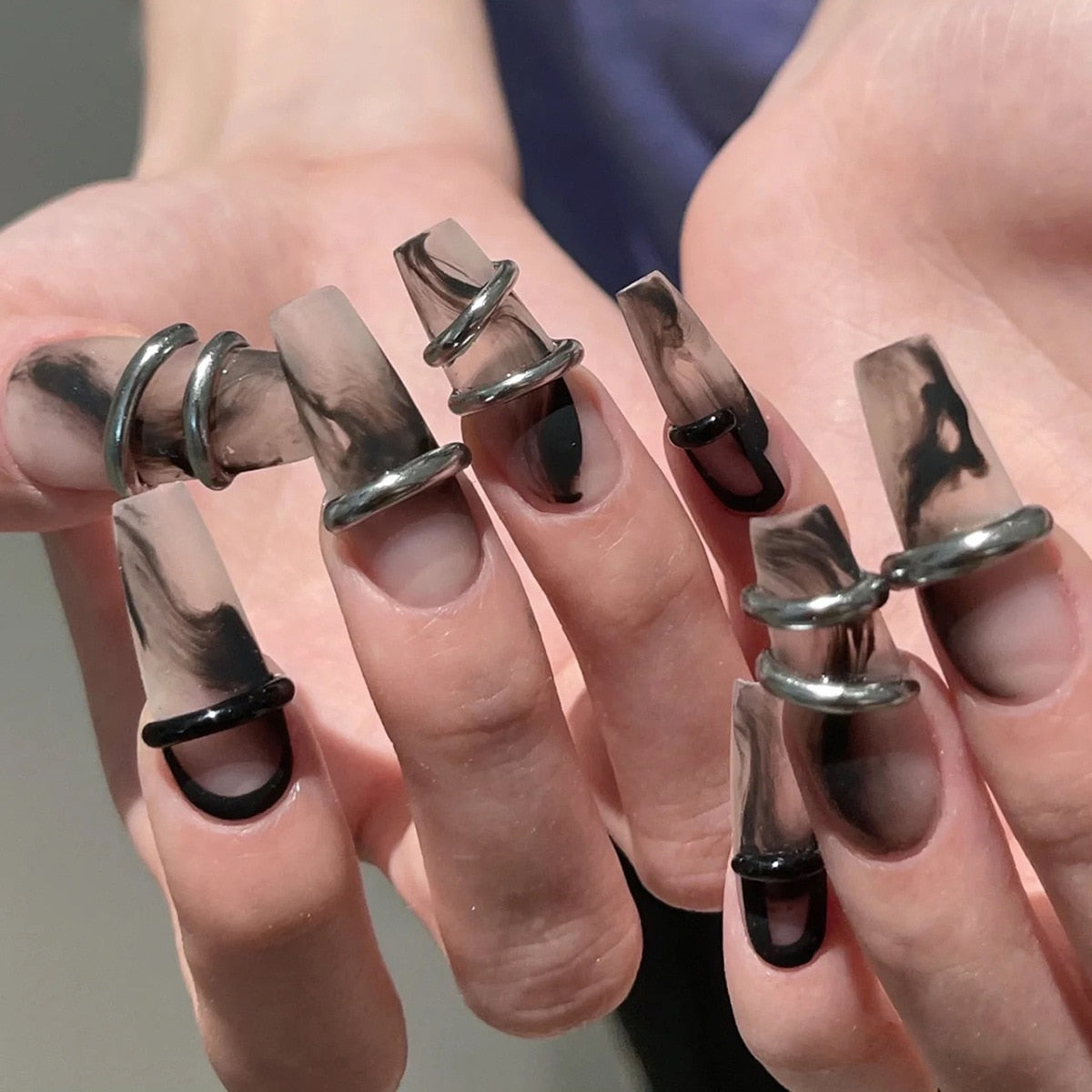 24pcs detachable Extra Long Square head French artificial nails with Diamond acrylic press on nails coffin fake nails with glue