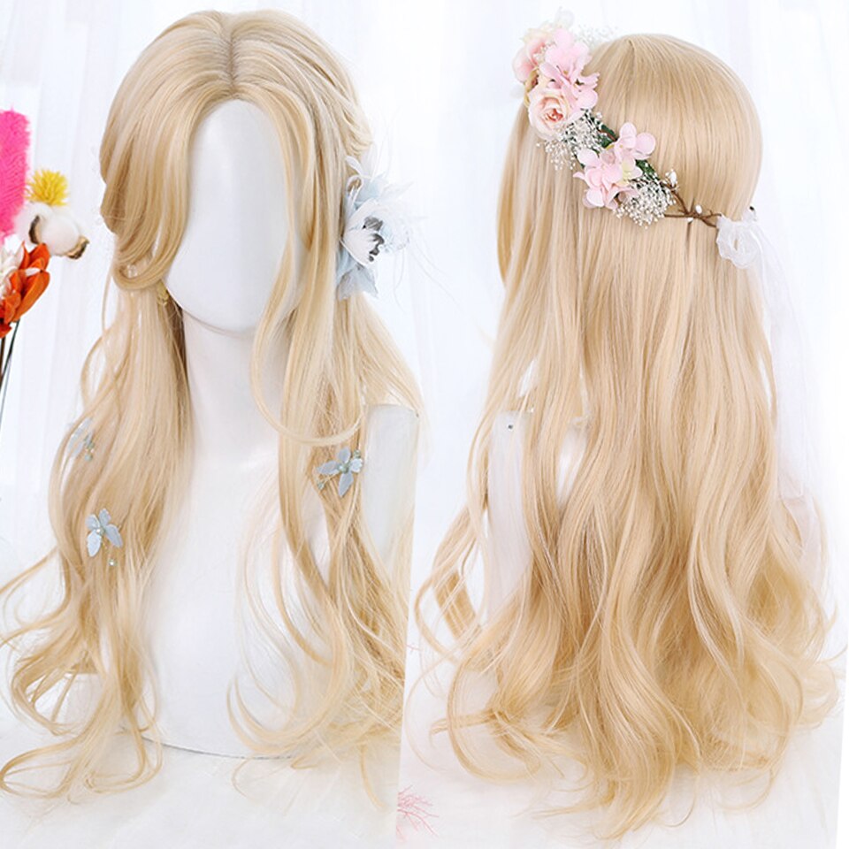 synthesis Long wavy curly girl blonde gradient pink Lolita cosplay curly bangs party wig