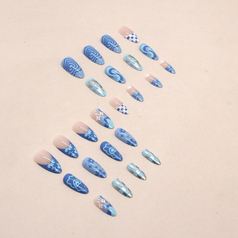 24pcs Girlish Colorful Graffiti Nail Art Fake Nails With Plants Flowers Patterns Short Press on False Nails With Wearing Tools