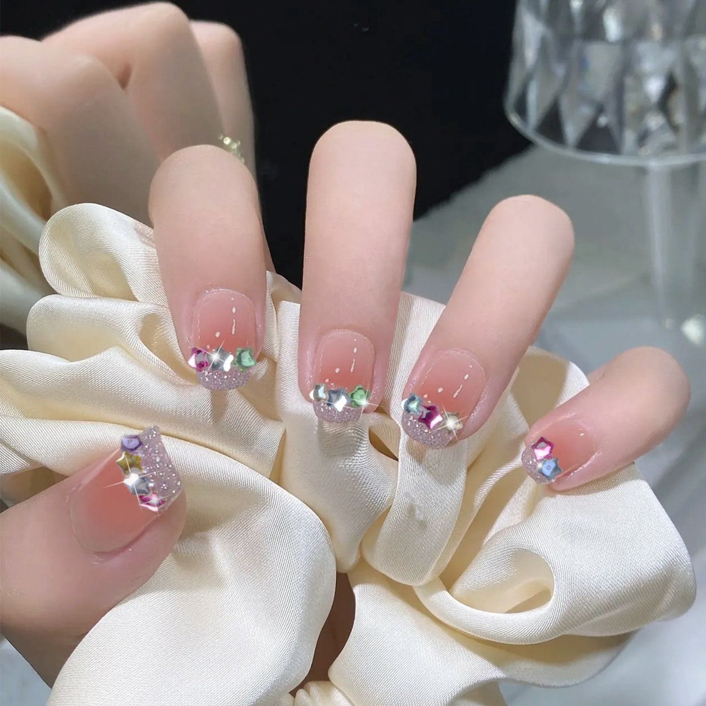 24pcs removeable Romantic Rose short press on nails full cover false nails with glue Bowknot Camellia Diamonds fake Nails