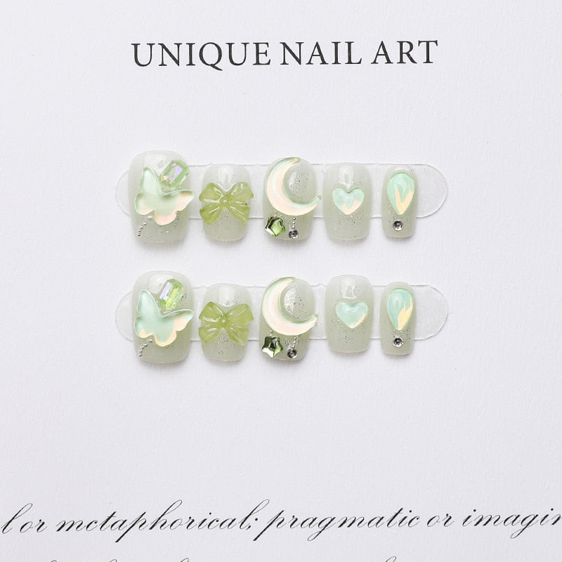 Summer Blue Pink Color Short Fake Nails Ice Transparent Love Heart Comfortable False nail Versatile Exquisite Handmade Nail
