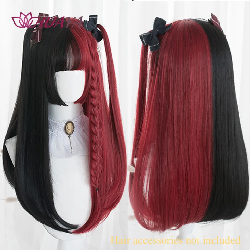 Long Straight Wig with Bangs Purple-White Heat Resistant Synthetic Hair Wigs for African American Girl Lolita Cosplay Wig
