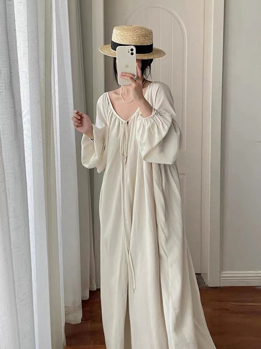 Women French Style Vintage Pajamas Night Dress Female Spring Autumn Solid Color Long Night Gown Casual Homedress Plus Size 4XL