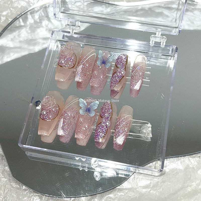 Handmade Flower Butterfly Press On Nails Y2K Short Fake Nail With Glue Reusable Ballet Long Coffin False Nails Tips Art Gift