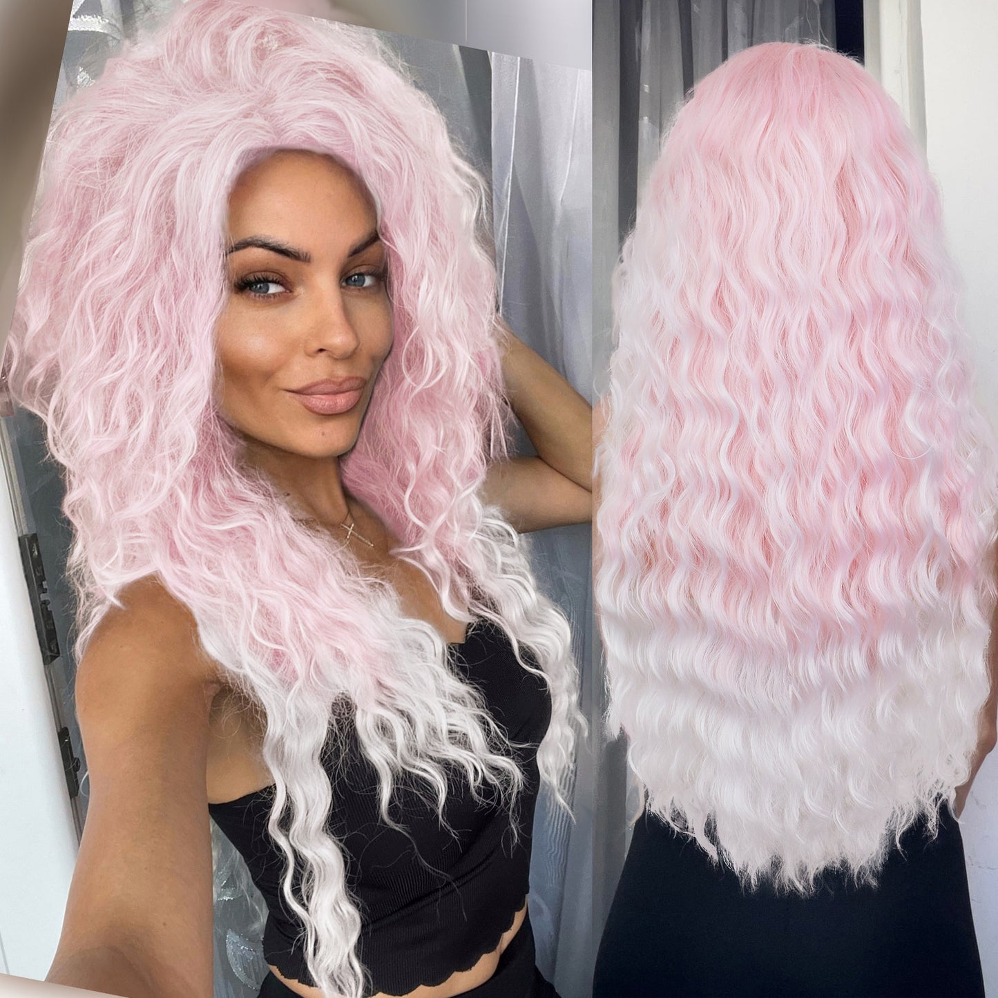 Ash Blonde Wig Synthetic Long Curly Hair Wigs for Women Fluffy Ombre Hairstyle Wave Wig Costume Carnival Party Regular Curly Wig